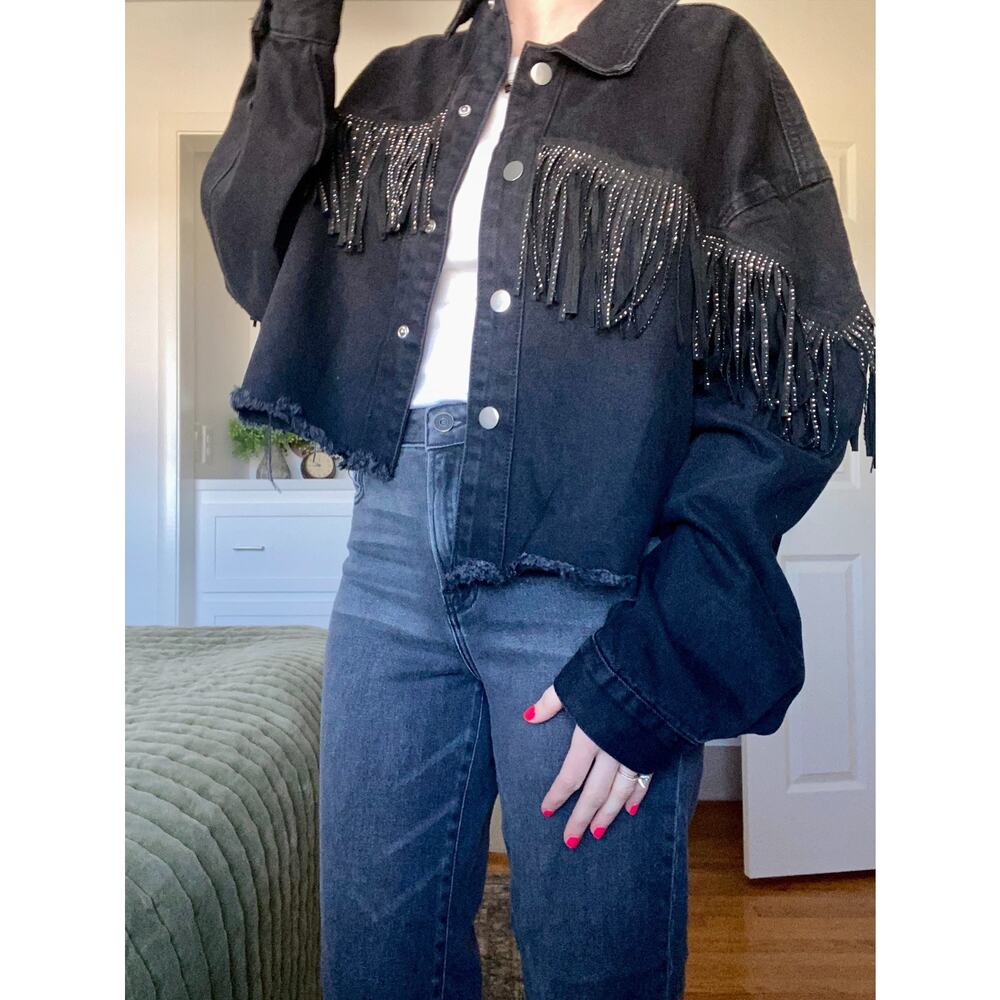 Western Womens XL Black Denim Raw Hem Jacket Jewel Trim Rhinestone Fringe Rodeo